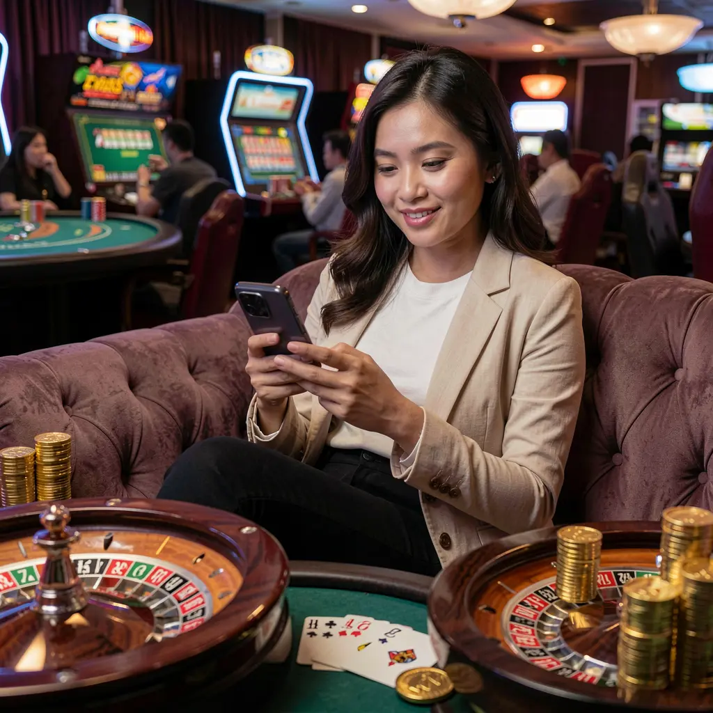 BXBJILI App – Enjoy smooth and immersive mobile casino gaming in the Philippines Stylish Filipino woman relaxing on a sofa while using the BXBJILI casino app surrounded by roulette wheels playing cards and gold coins