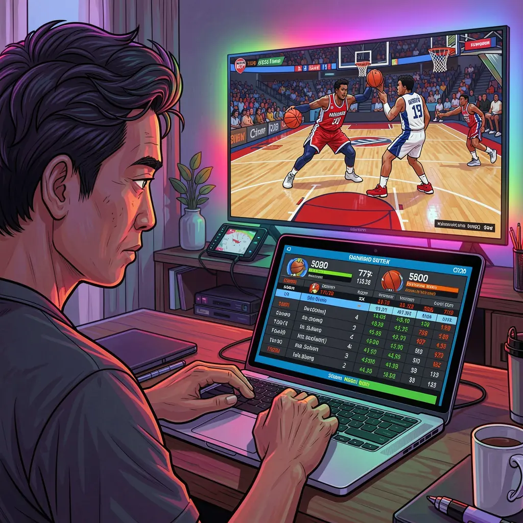 Focused Filipino sports bettor placing live basketball wagers on a laptop while watching the game on TV using the secure BXBJILI platform